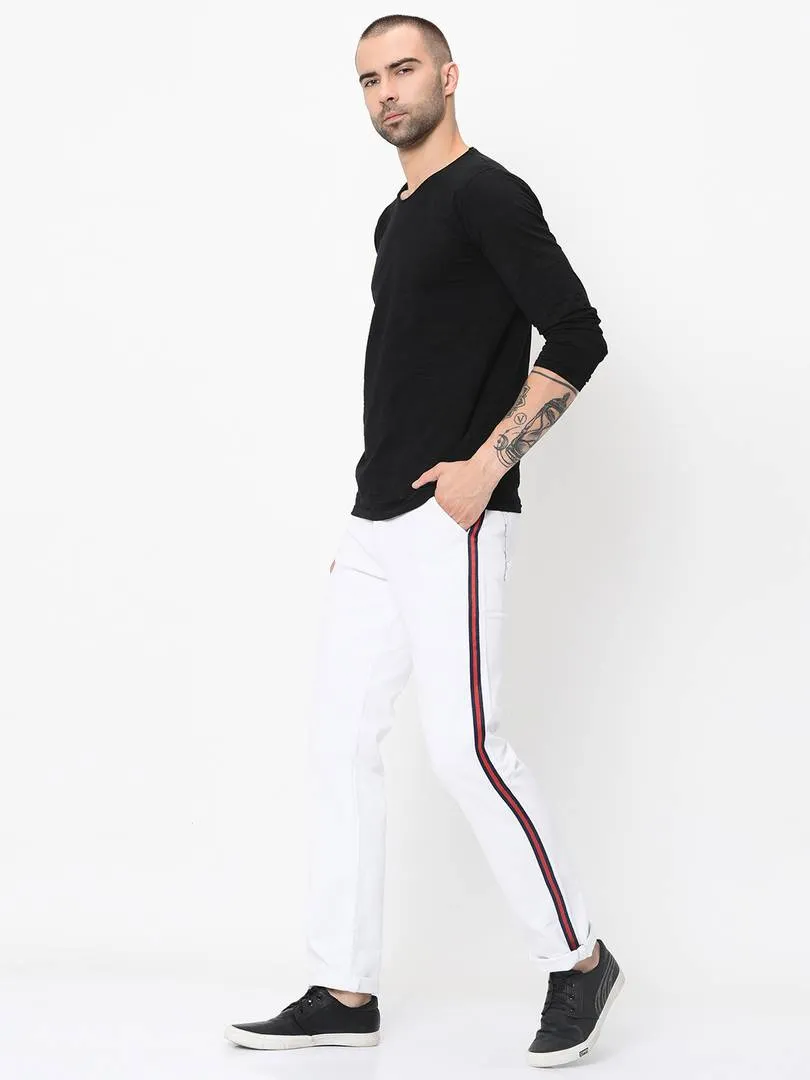 Men's White Cotton Blend Solid Slim Fit Casual Trouser