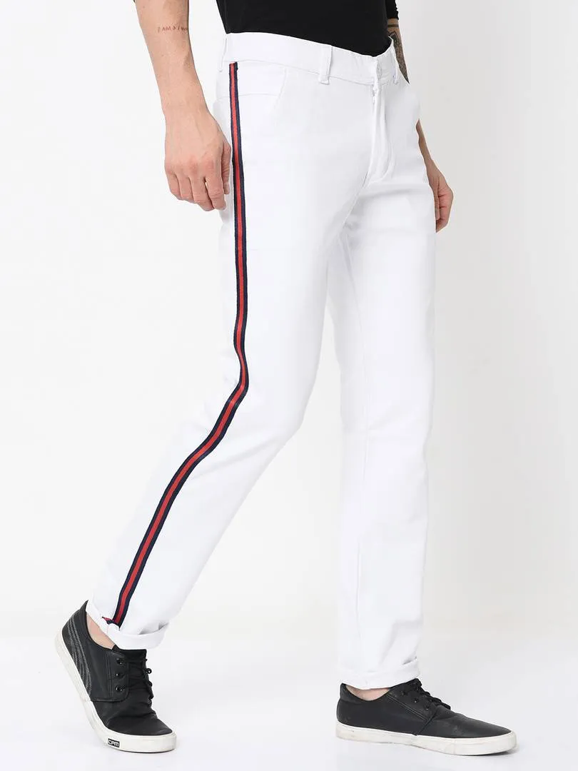 Men's White Cotton Blend Solid Slim Fit Casual Trouser