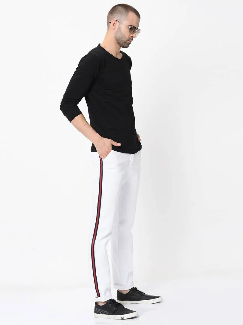 Men's White Cotton Blend Solid Slim Fit Casual Trouser