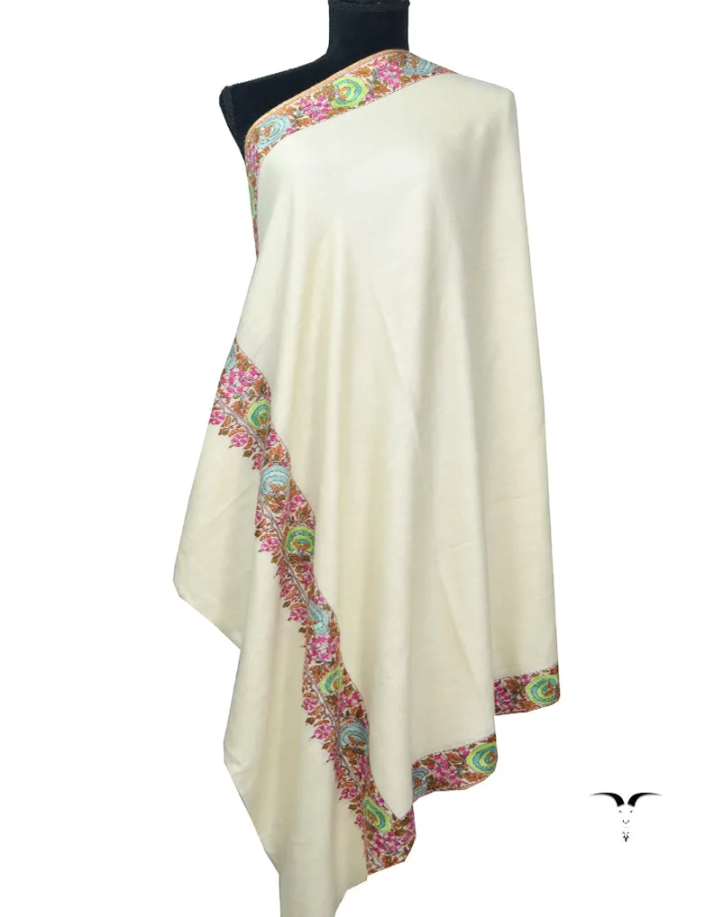 Natural White Pashmina Shawl in Embroidery 5948