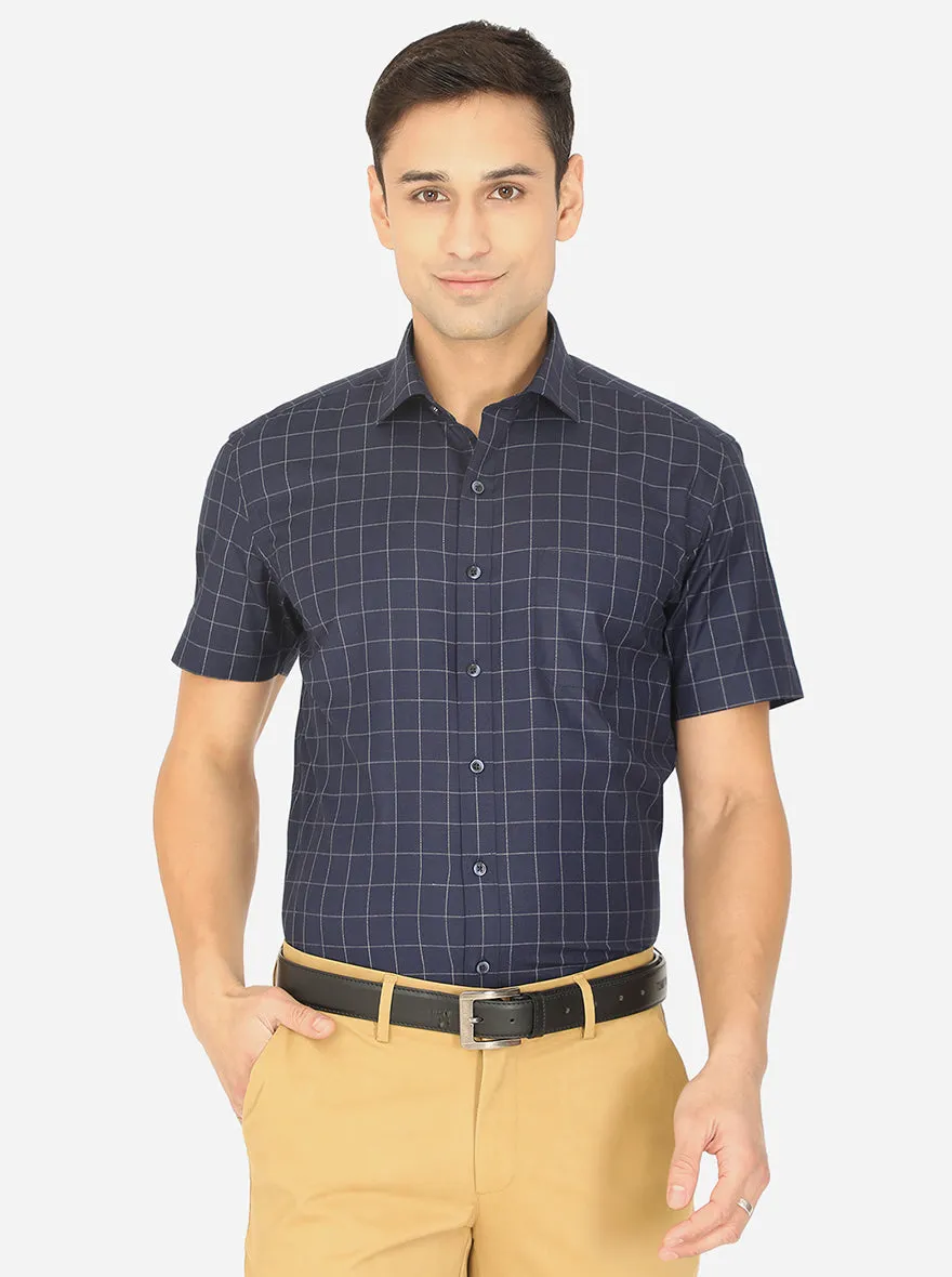 Navy Blue & Silver Checked Regular Fit Formal Shirt | Greenfibre