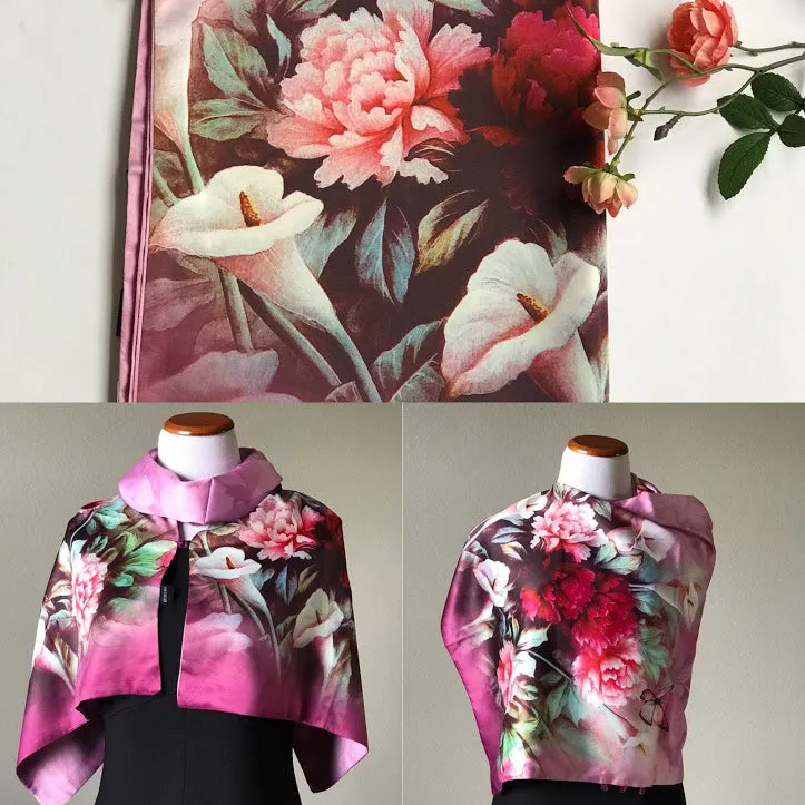 Pink floral 100% Silk Satin smooth soft Long double fabric  Scarf with buttons