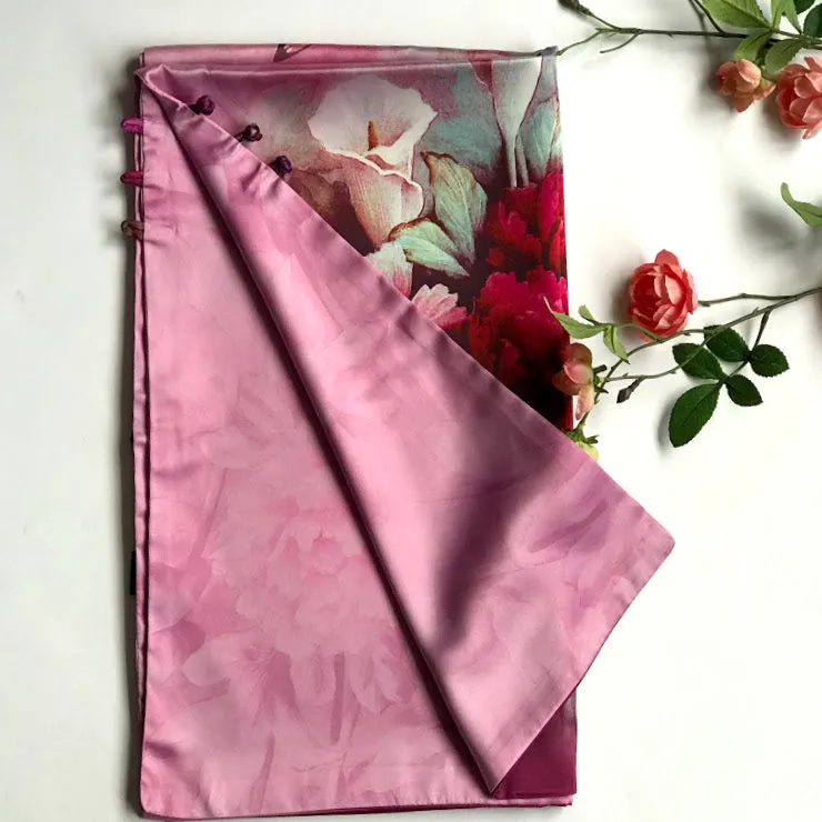 Pink floral 100% Silk Satin smooth soft Long double fabric  Scarf with buttons