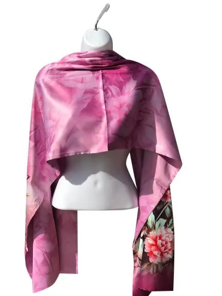 Pink floral 100% Silk Satin smooth soft Long double fabric  Scarf with buttons