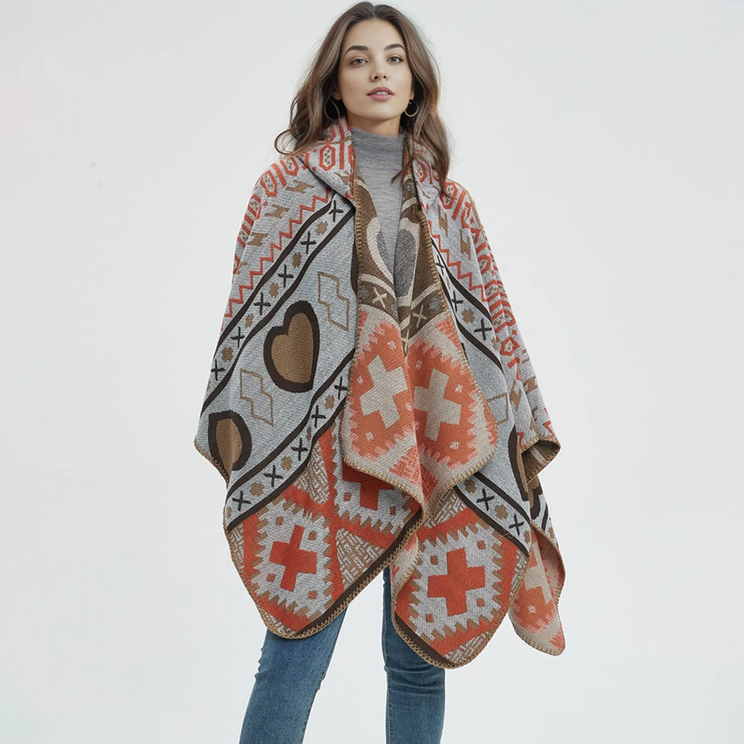 Poncho Sweater Throw New Trending Boho Fashion acquard Pattern Hooded Shawl