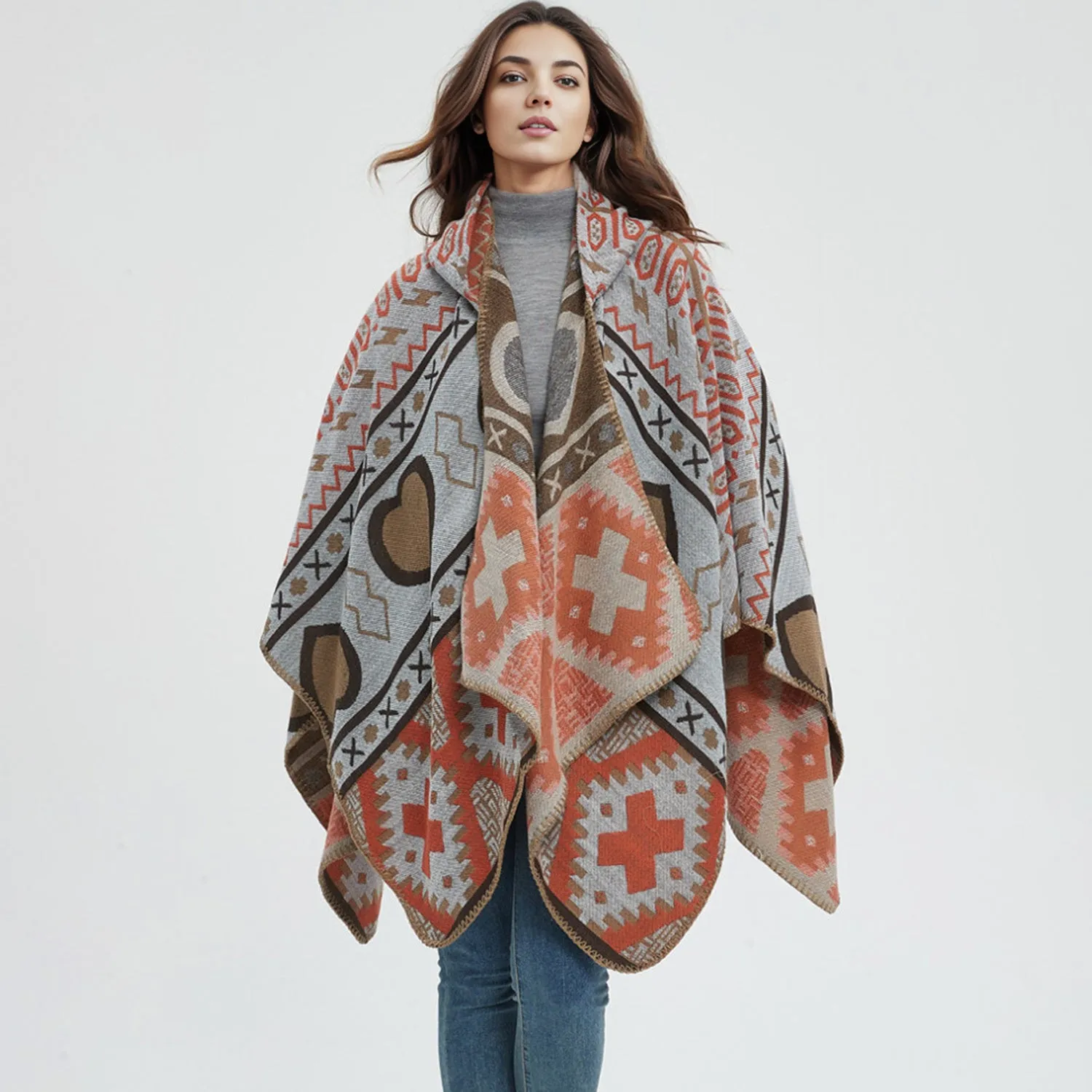 Poncho Sweater Throw New Trending Boho Fashion acquard Pattern Hooded Shawl