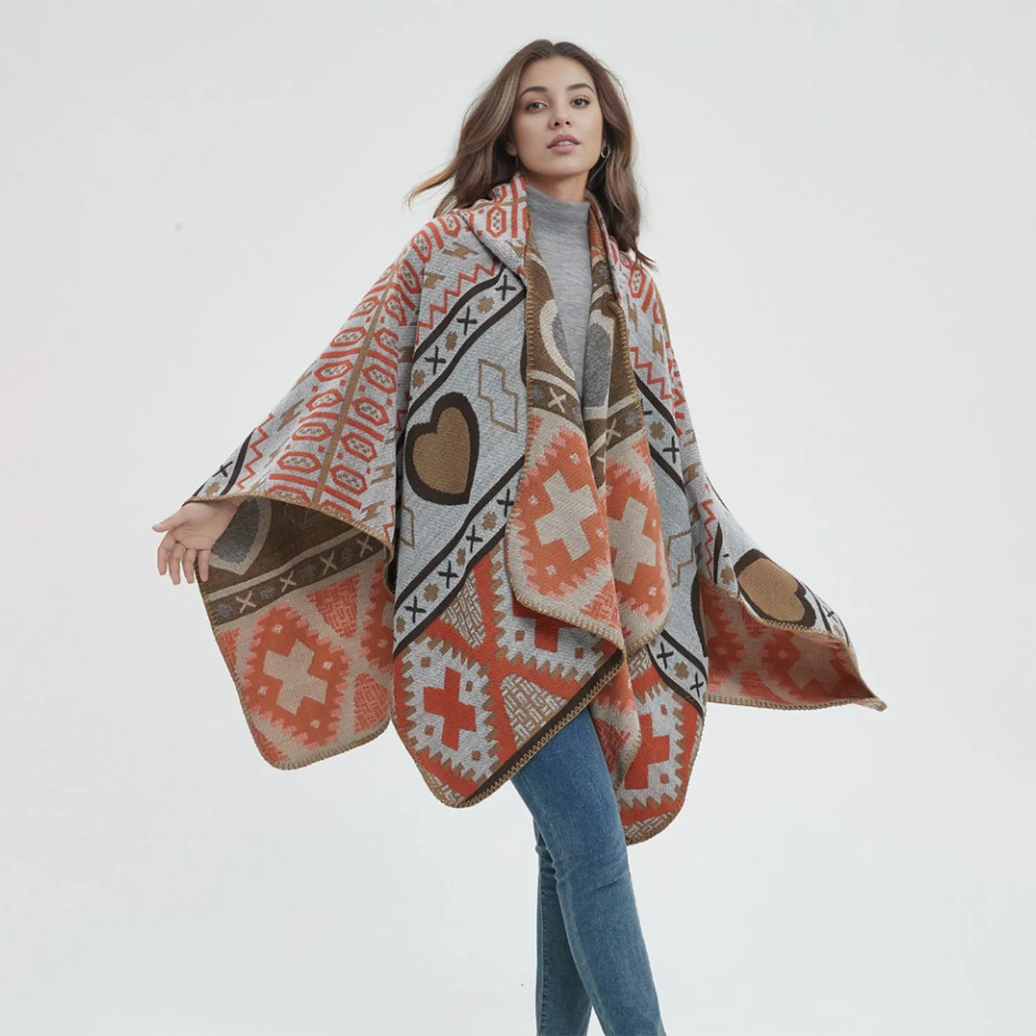 Poncho Sweater Throw New Trending Boho Fashion acquard Pattern Hooded Shawl