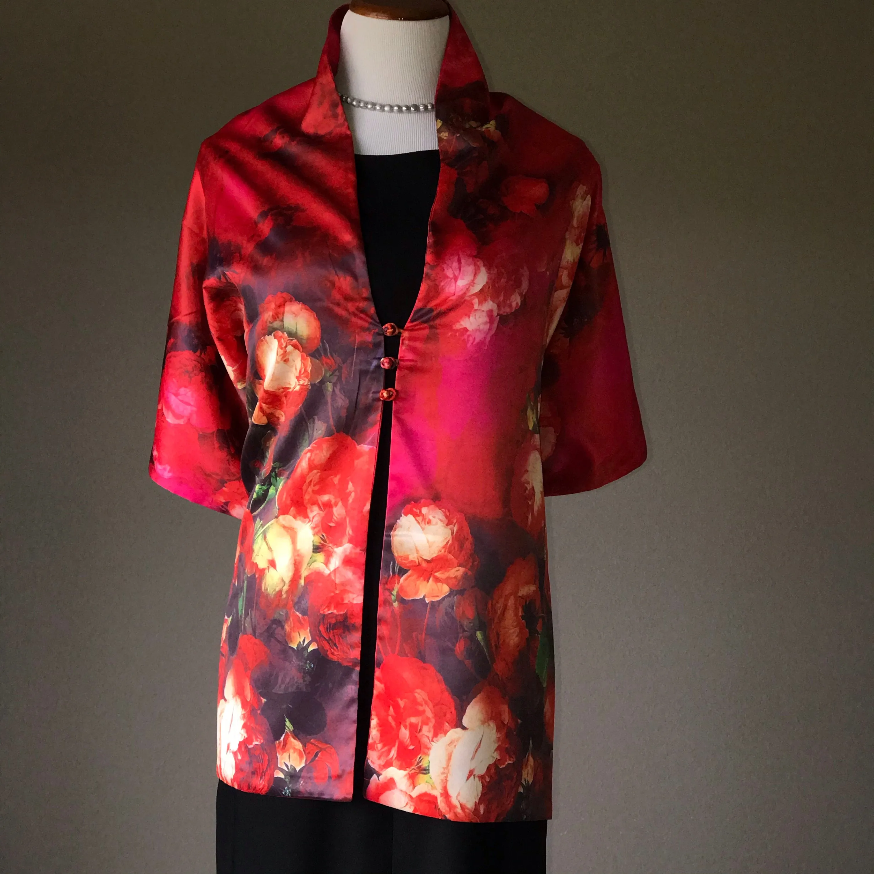 Red floral 100% Silk Satin smooth soft Long double fabric  Scarf with buttons