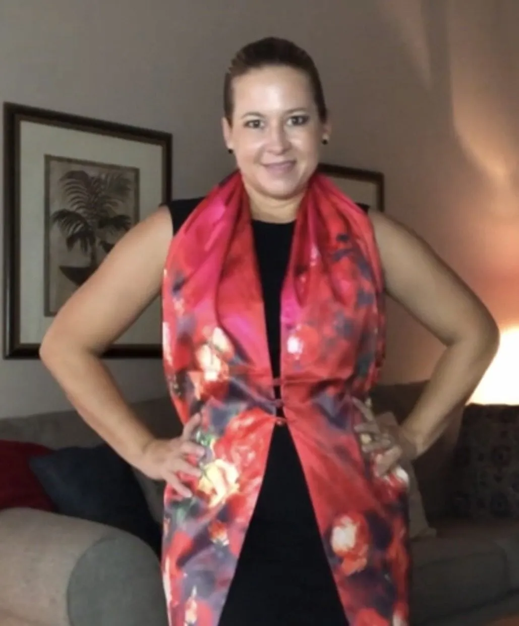 Red floral 100% Silk Satin smooth soft Long double fabric  Scarf with buttons