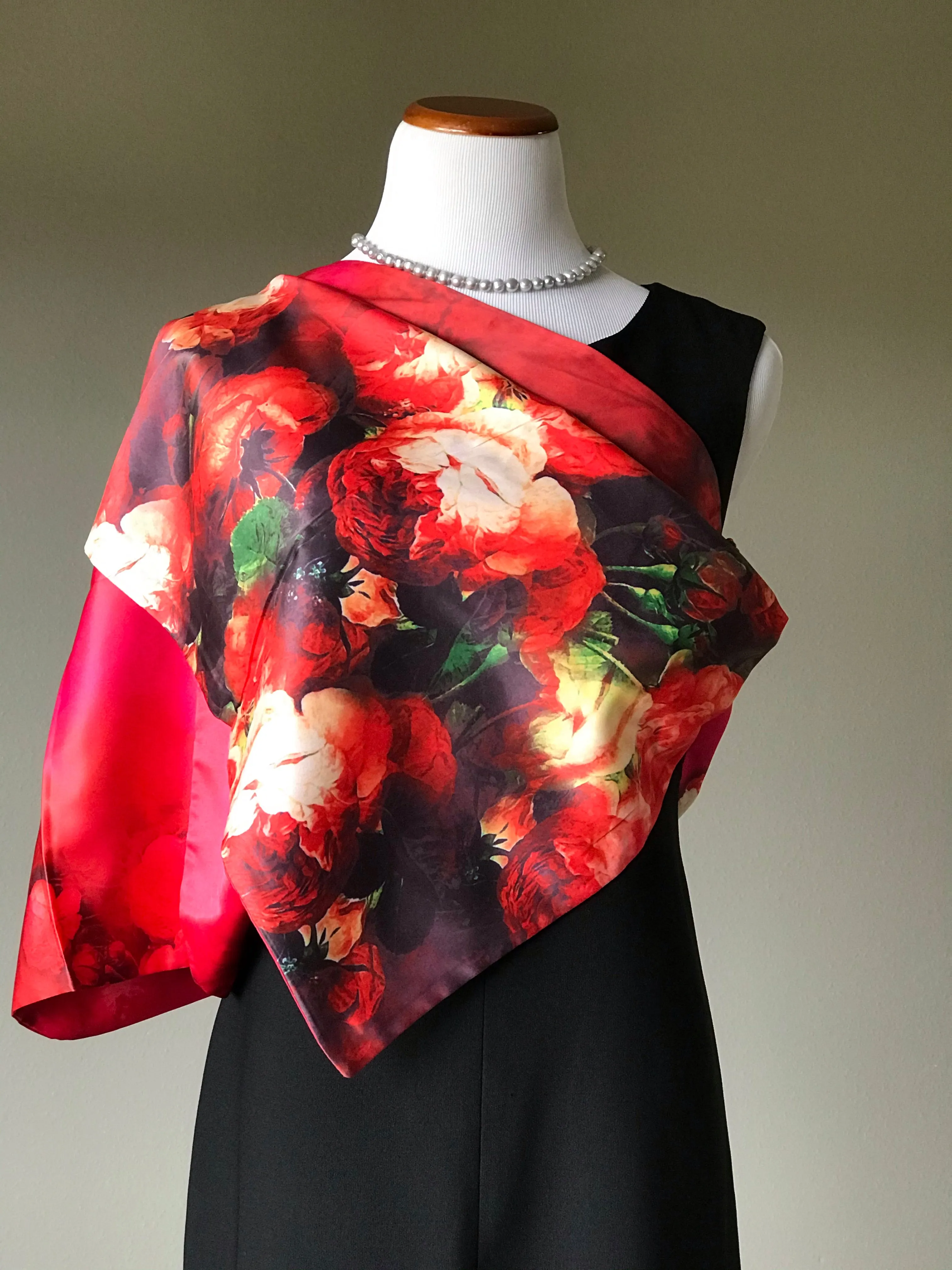 Red floral 100% Silk Satin smooth soft Long double fabric  Scarf with buttons