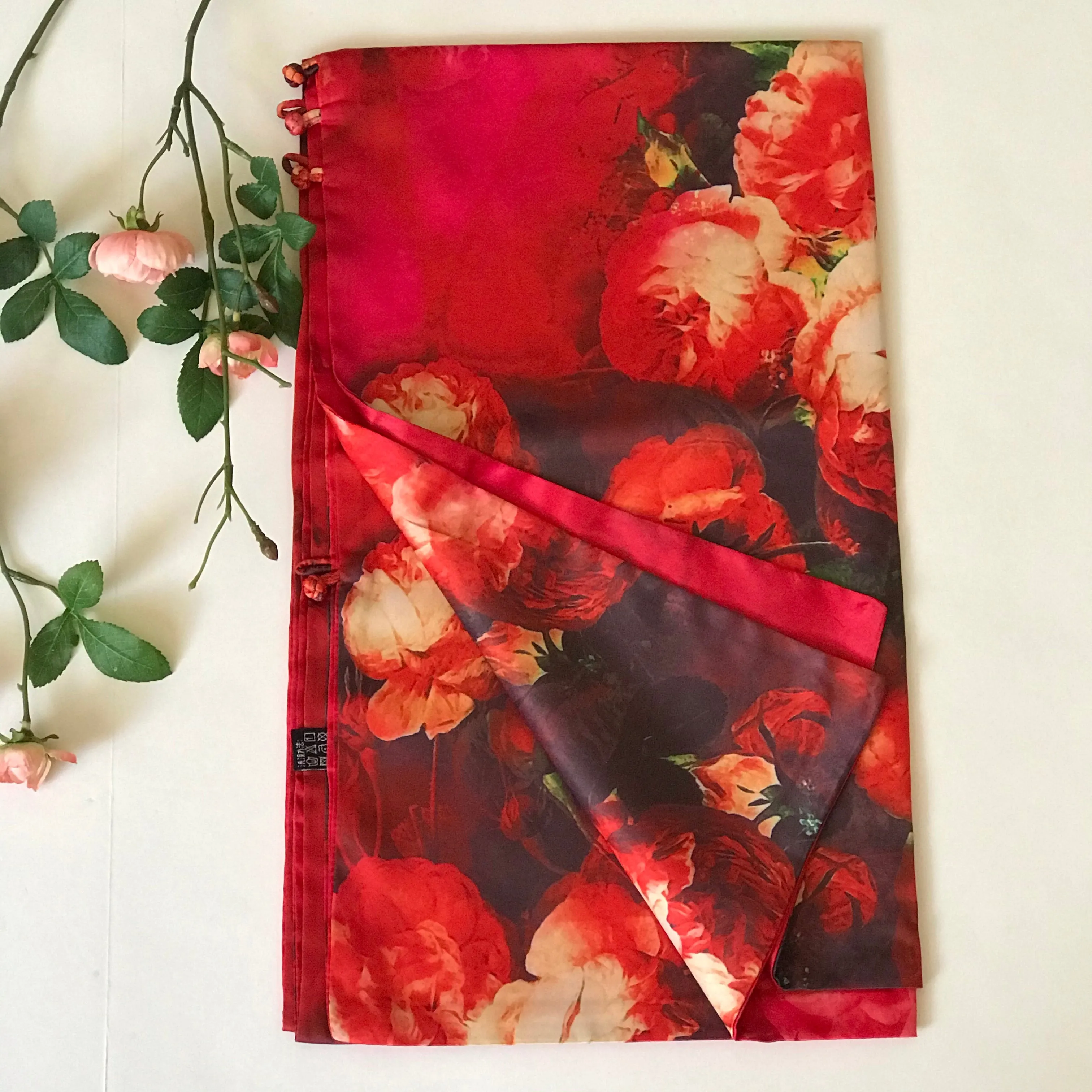 Red floral 100% Silk Satin smooth soft Long double fabric  Scarf with buttons