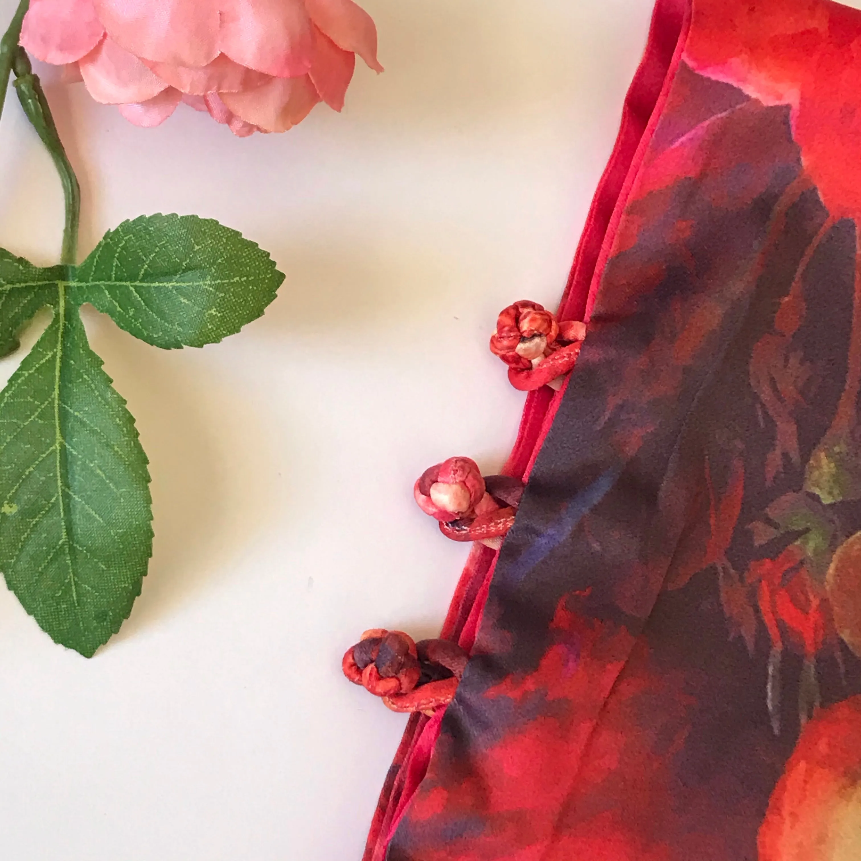 Red floral 100% Silk Satin smooth soft Long double fabric  Scarf with buttons