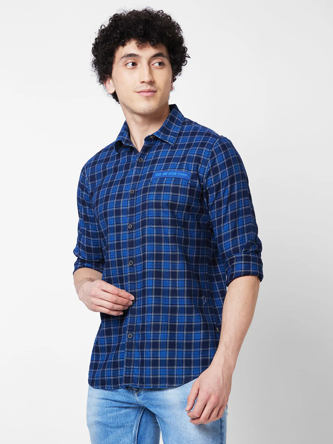 Spykar Blue CHECKED FULL SLEEVE Shirt For Men