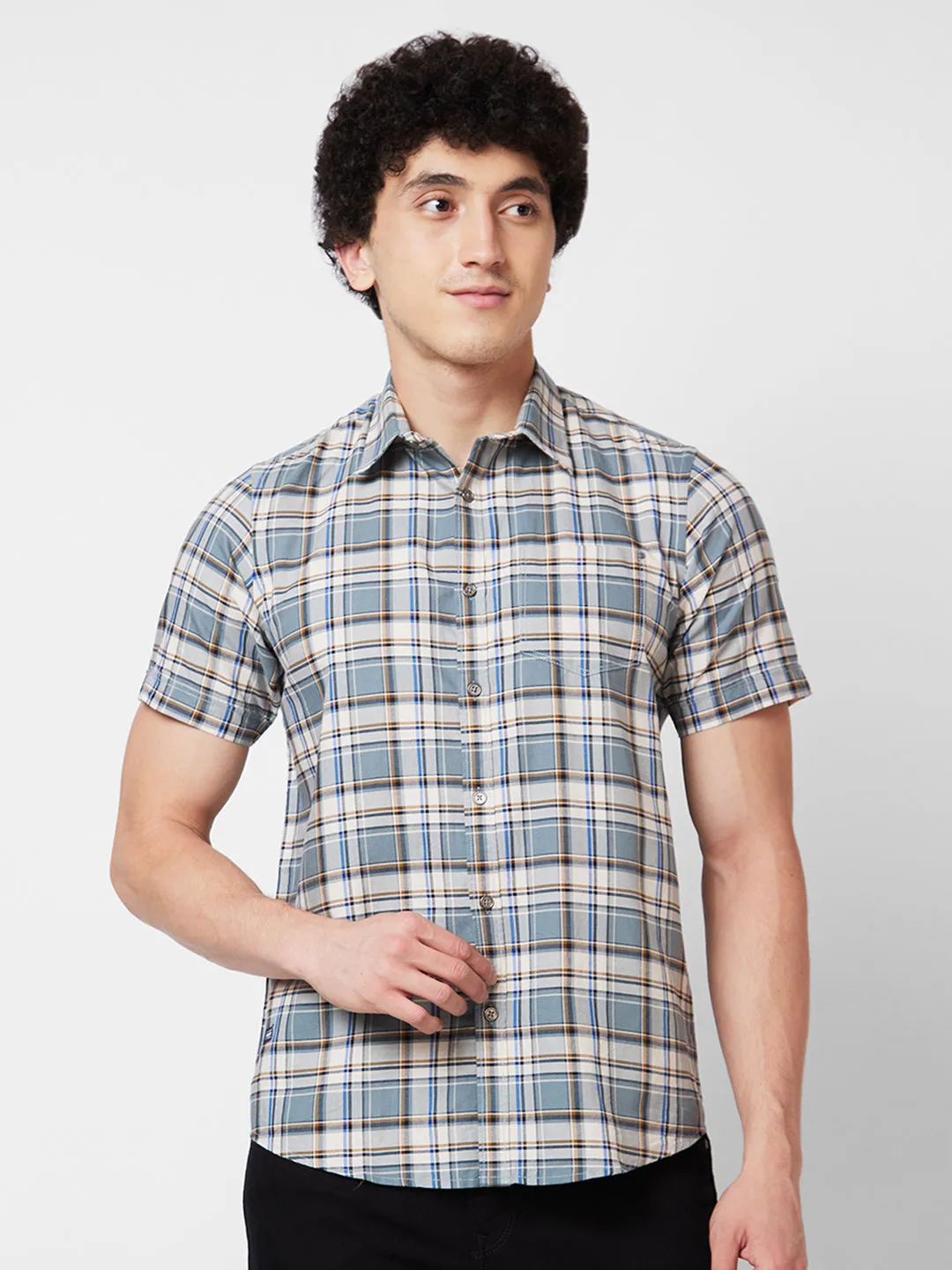 Spykar Grey CHECKED HALF SLEEVE Shirt For Men