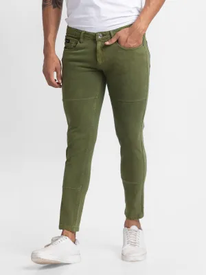 Spykar Olive Green Cotton Slim Fit Tapered Length Trousers For Men