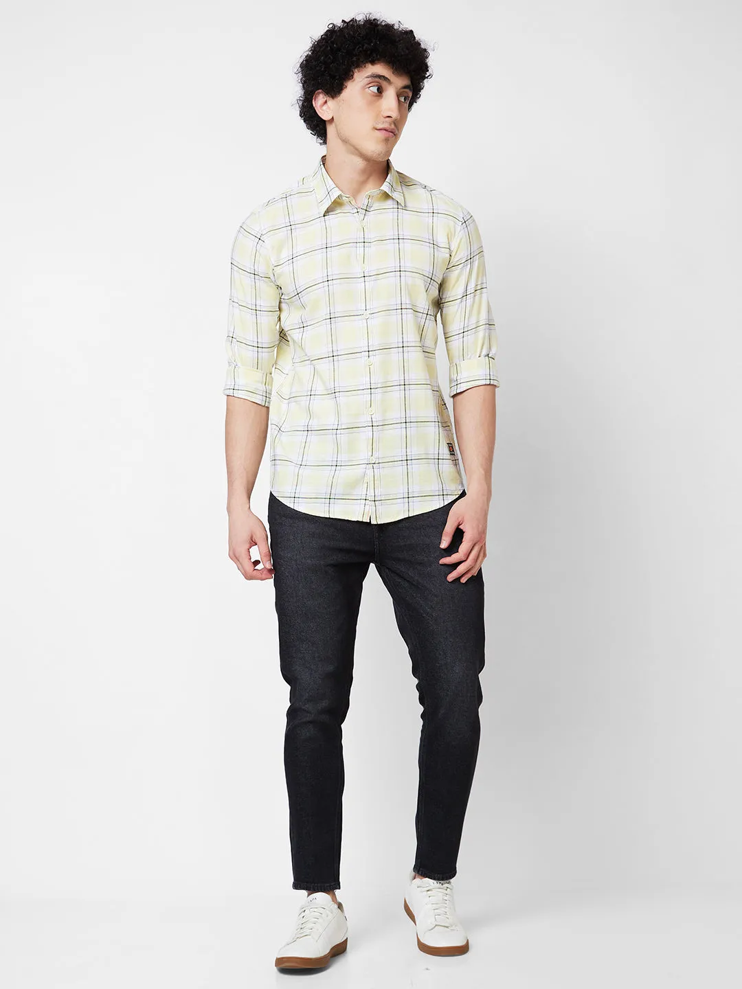 Spykar Yellow CHECKED FULL SLEEVE Shirt For Men