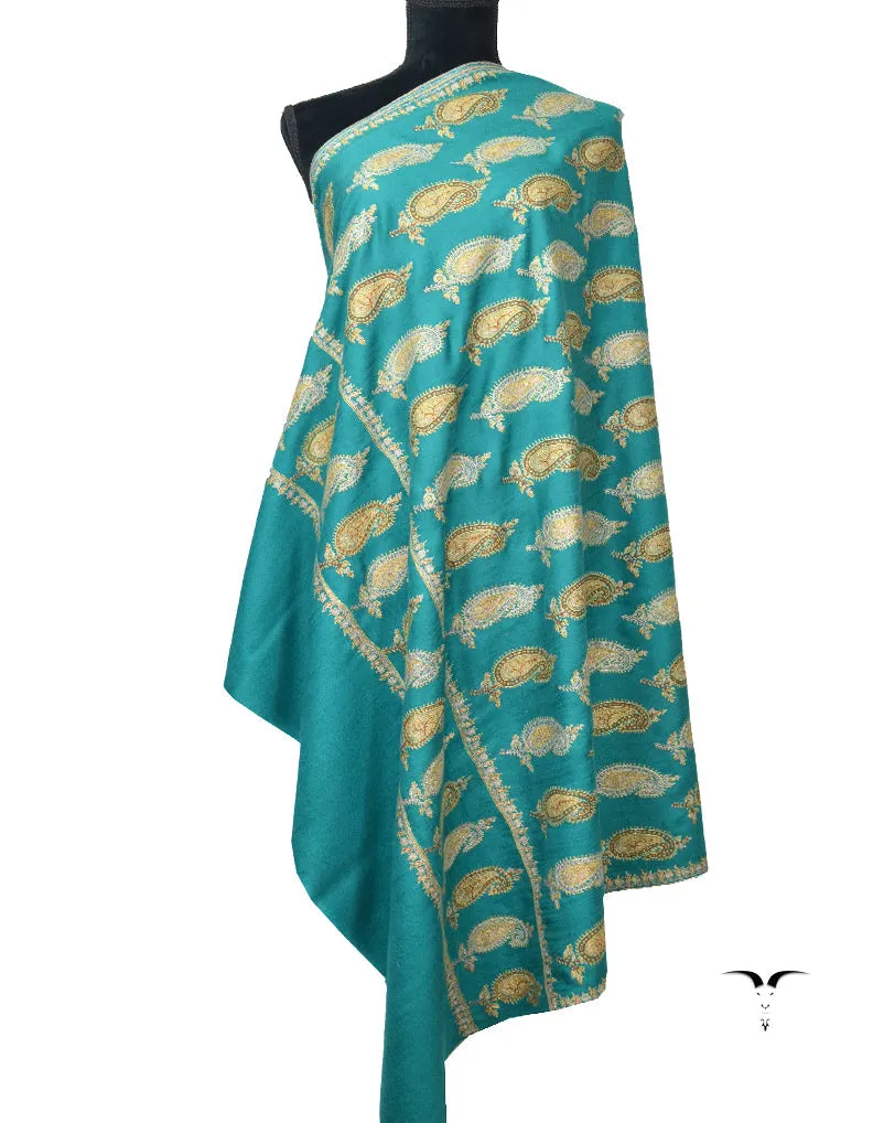 Turquoise Pashmina Shawl With Sozni Patch Work 5785