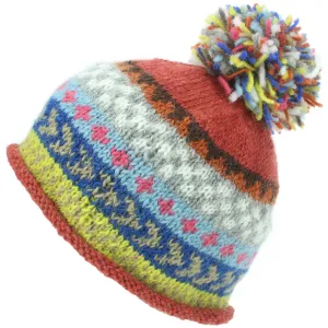 Wool Knit Beanie Bobble Hat - Chevron - Orange