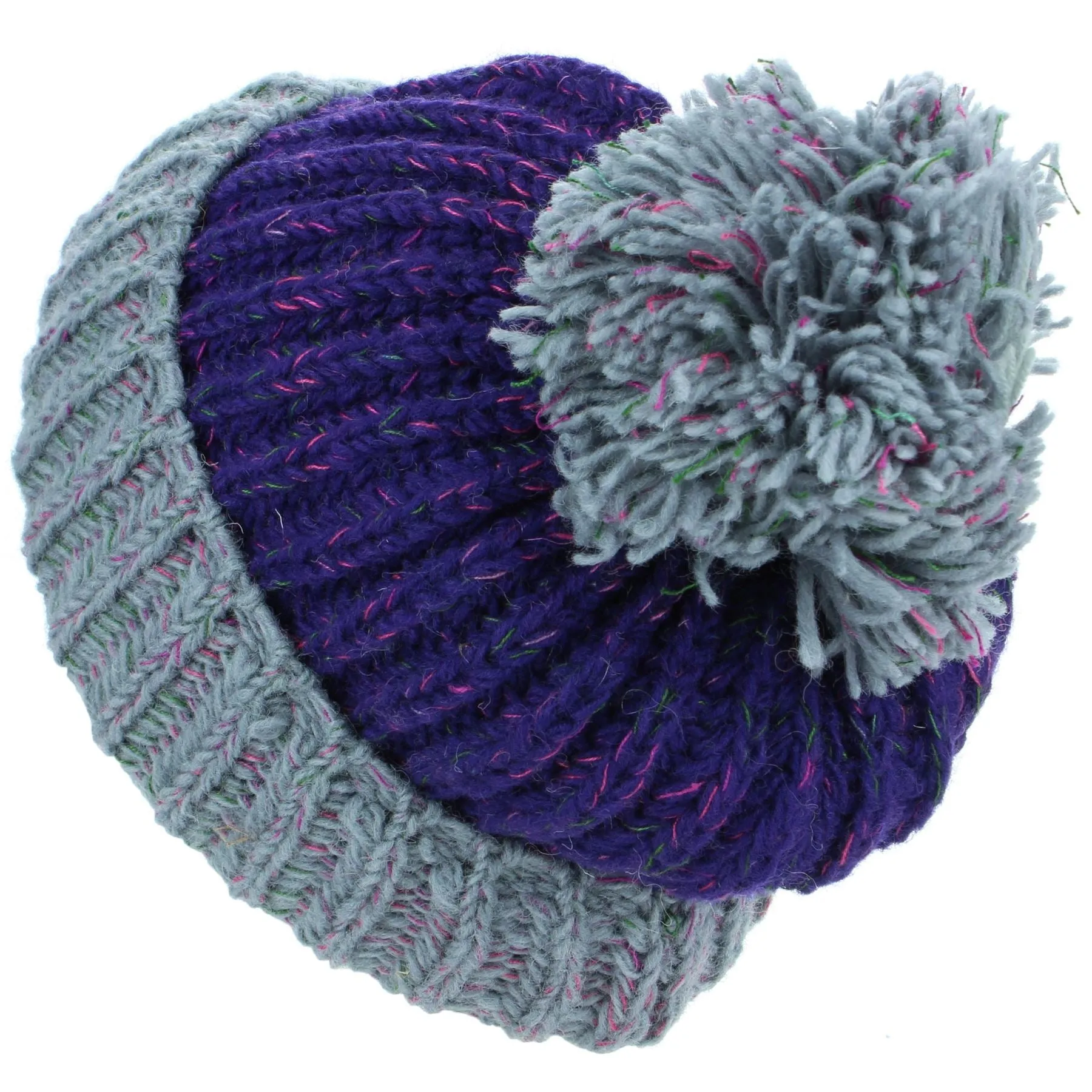 Wool Knit Beanie Bobble Hat - Purple & Grey