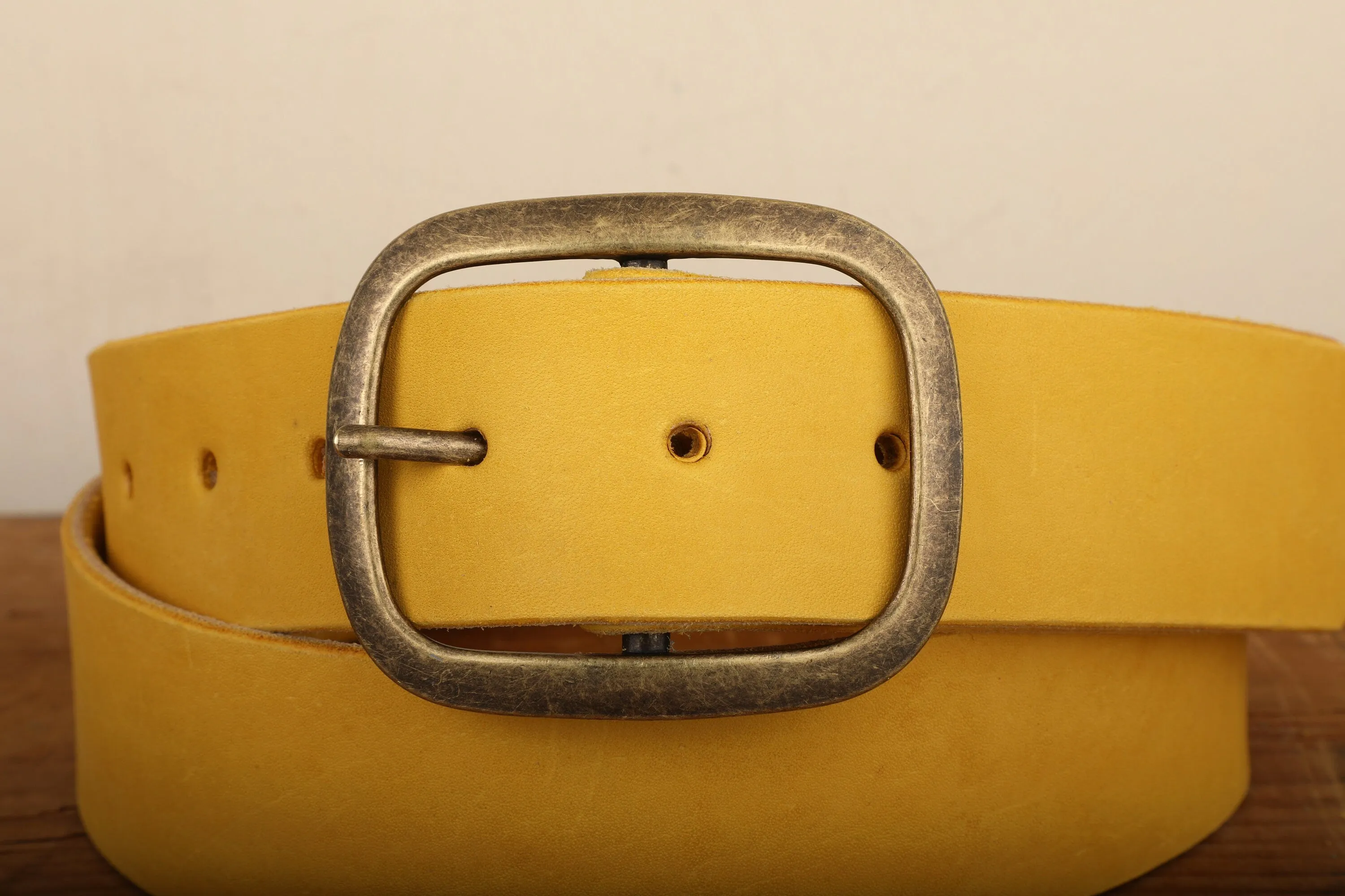 Yellow Leather Belt Snap Closure - Handmade in USA - Unisex Wide Antique Gold Tone Brass Buckle