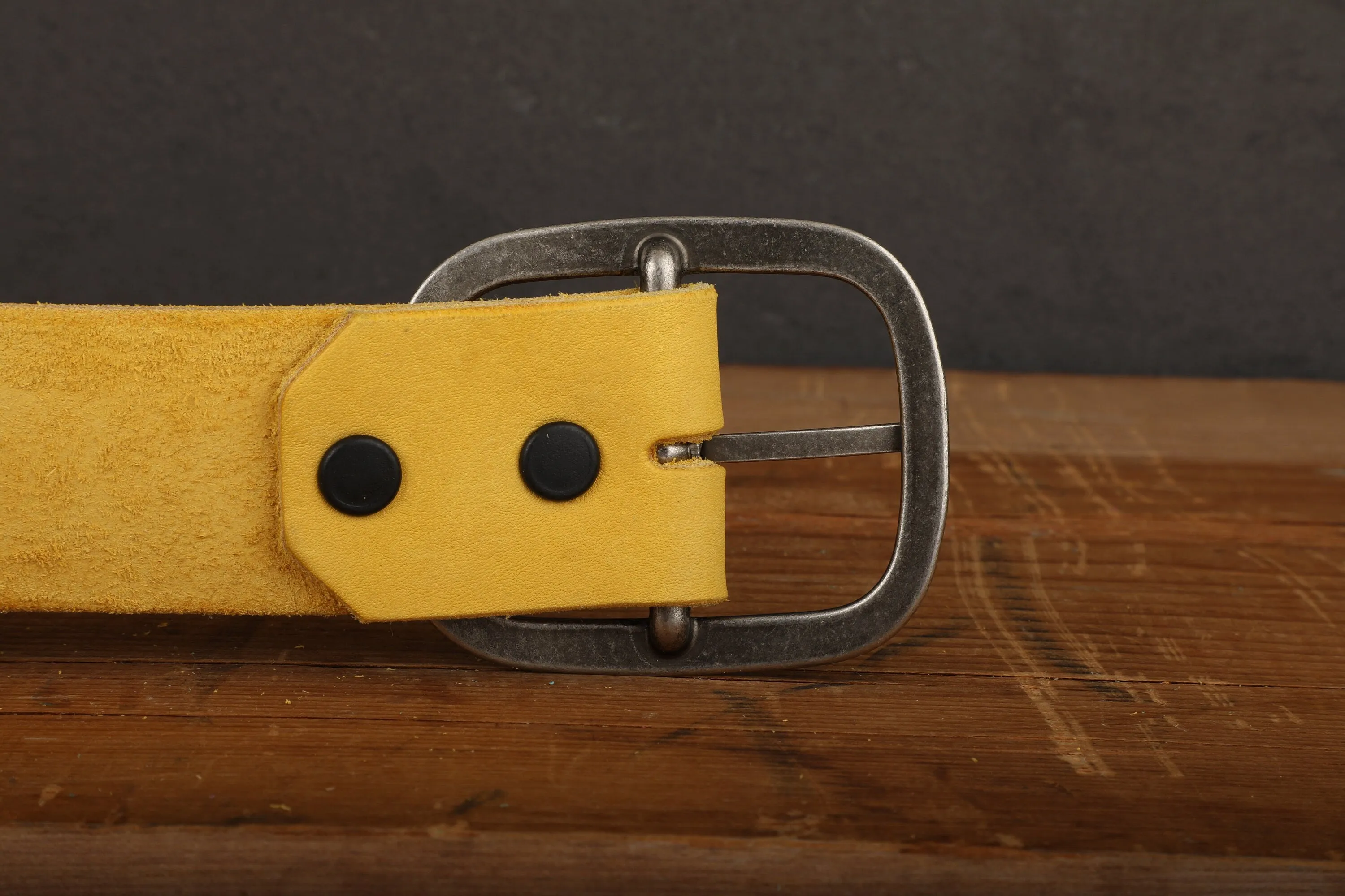 Yellow Leather Belt Snap Closure - Handmade in USA - Unisex Wide Antique Gold Tone Brass Buckle